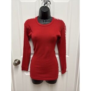 Vintage Helly Hansen Woman's LIFA Red Striped Baselayer Crewneck Shirt - Small